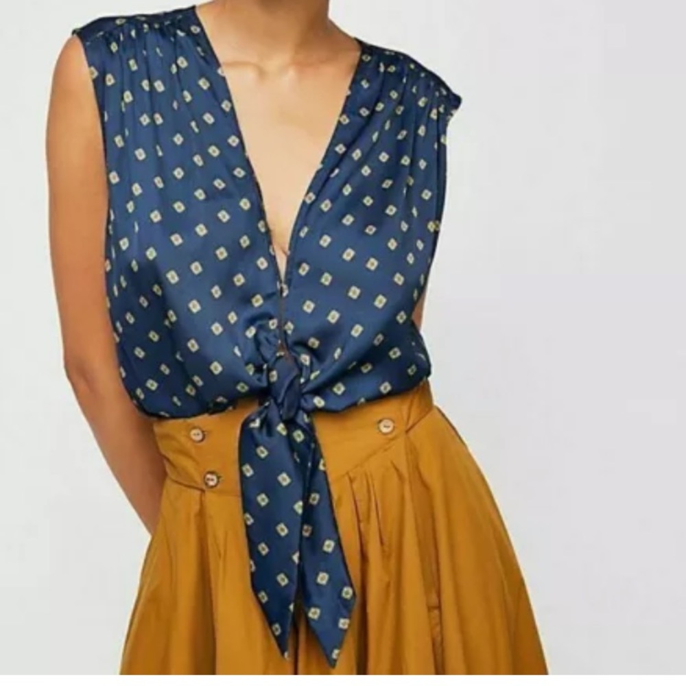 Free People Navy Printed Tie Front Blouse